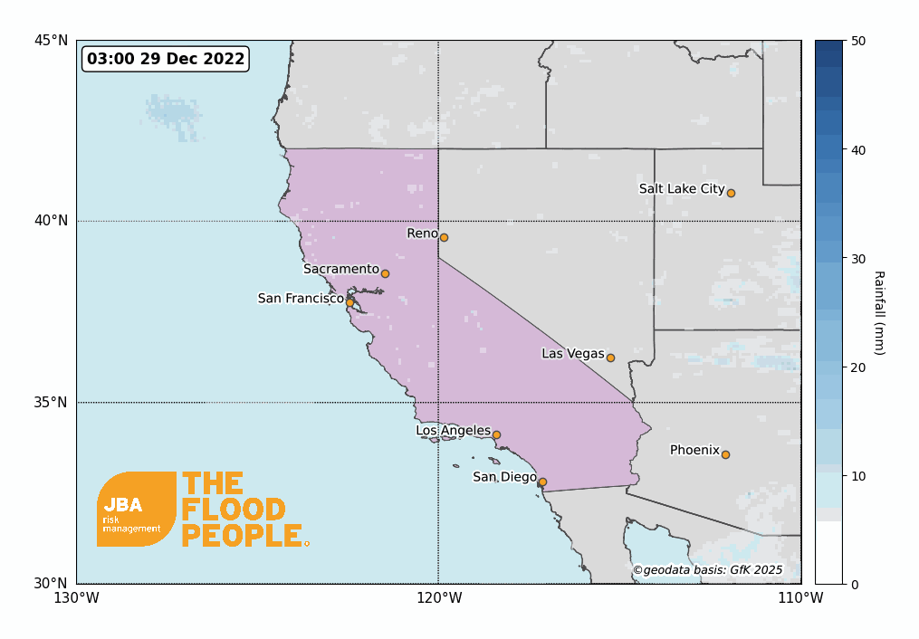 Animated map showing rainfall across California and surrounding states starting from 30 December 2022 to 13 January 2023.