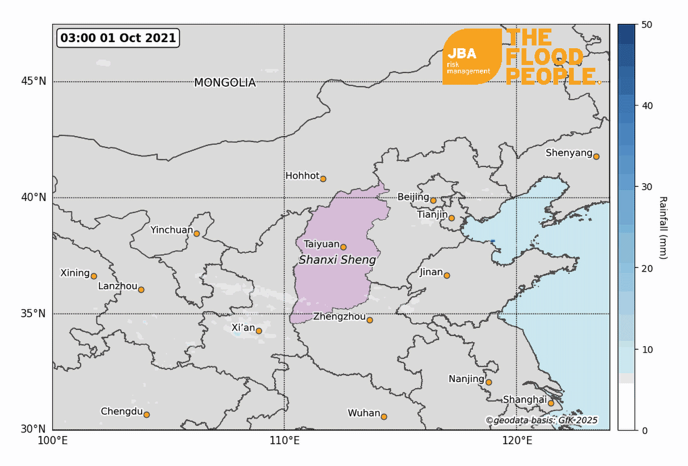 Animated map showing rainfall intensity across Shanxi province, China, from 1 to 14 October 2021.
