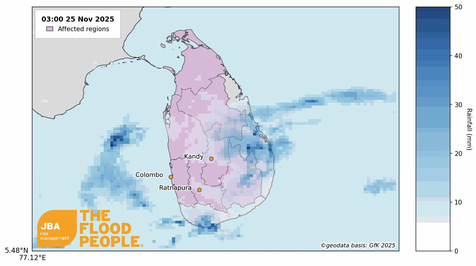Map showing rainfall over Sri Lanka during Cyclonic Storm Ditwah with affected regions highlighted.