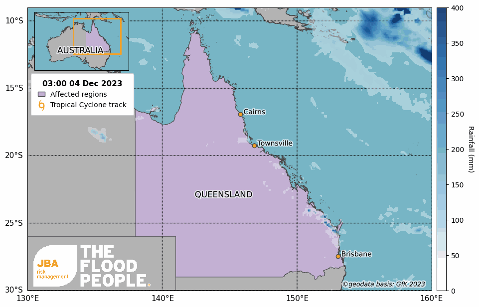 A map with the visual representation of the tropical cyclone's path and rainfall-affected areas