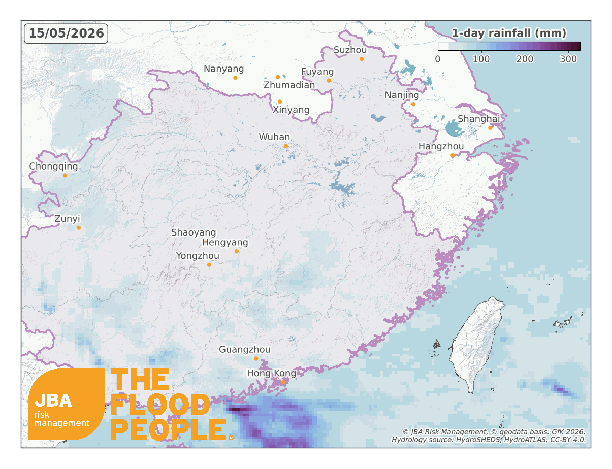 Animated map of southern and central China showing rainfall accumulation from 15–22 May 2026.
