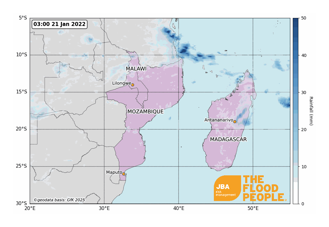 Map of satellite-observed rainfall over Madagascar, Mozambique, and Malawi from 21 January to 6 February 2022.