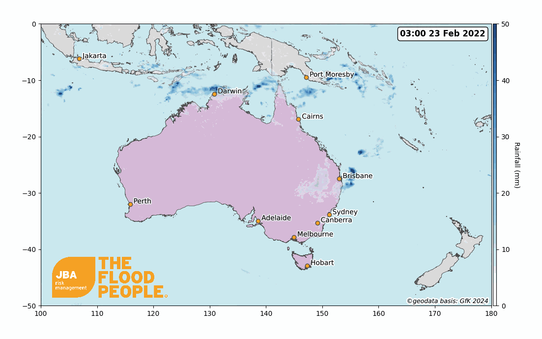 Satellite-observed rainfall animation over Australia from 23 February to 1 March.
