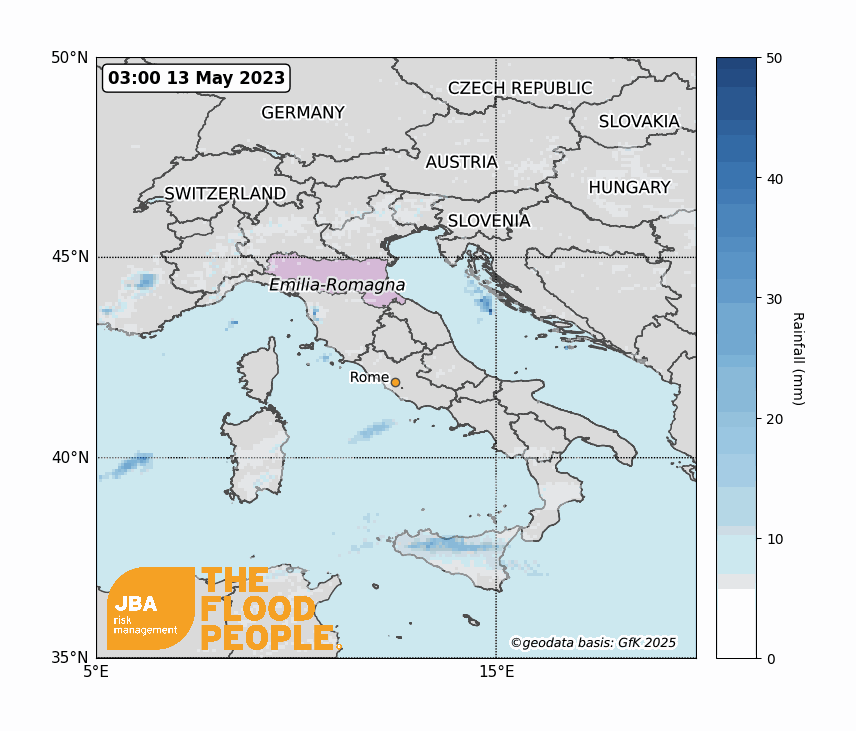Map animation showing rainfall across Emilia-Romagna and surrounding regions from 14 to 18 May 2023.