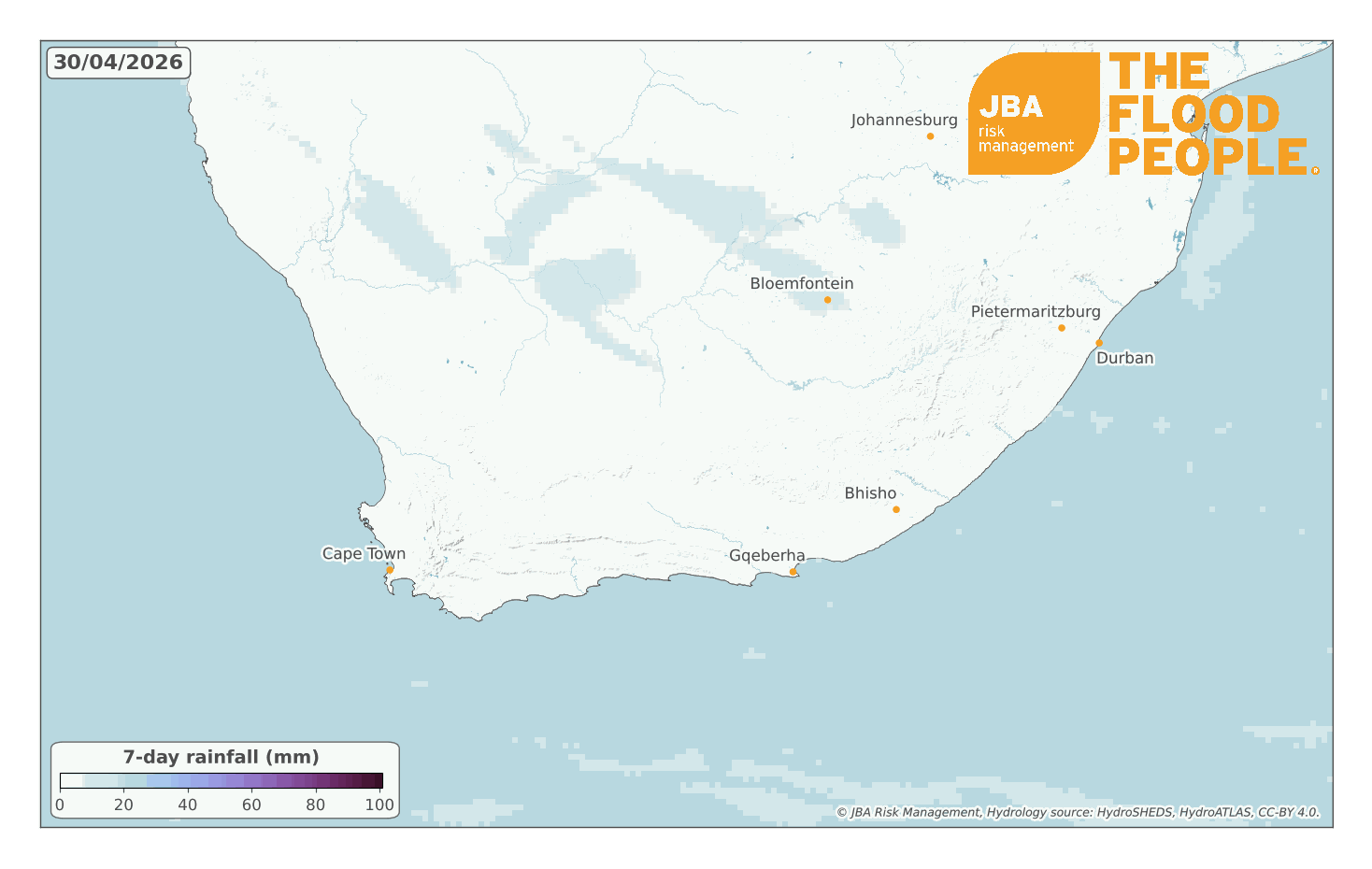 Animated map showing 7-day rainfall accumulation across southern South Africa from 30 April to 12 May 2026.