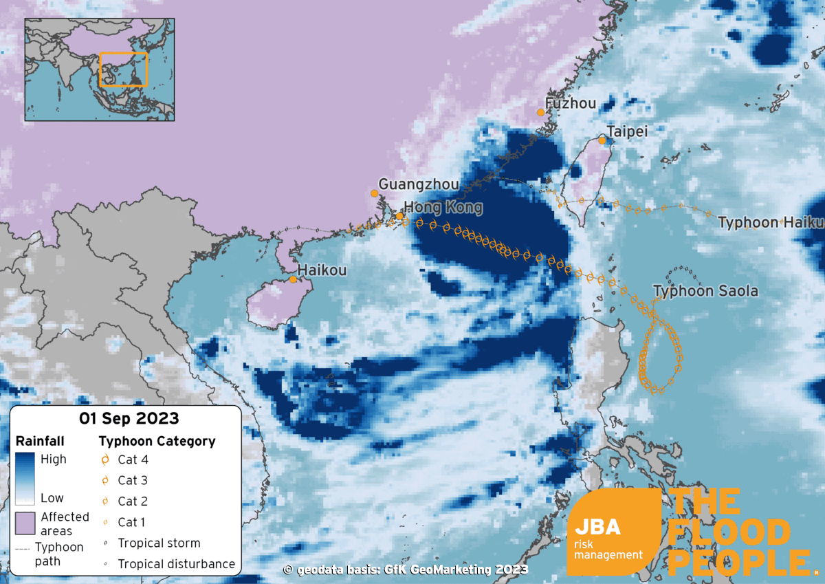 Map of rainfall-affected areas and the path of the typhoon
