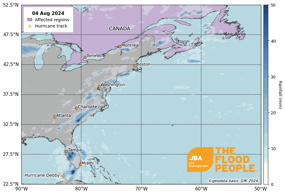 Satellite-observed rainfall for the eastern US and Canadian coast between 4th and 12th Aug 2024.