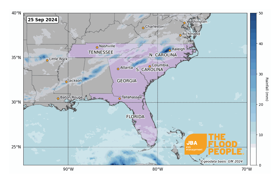 Map of affected areas with rainfall data.