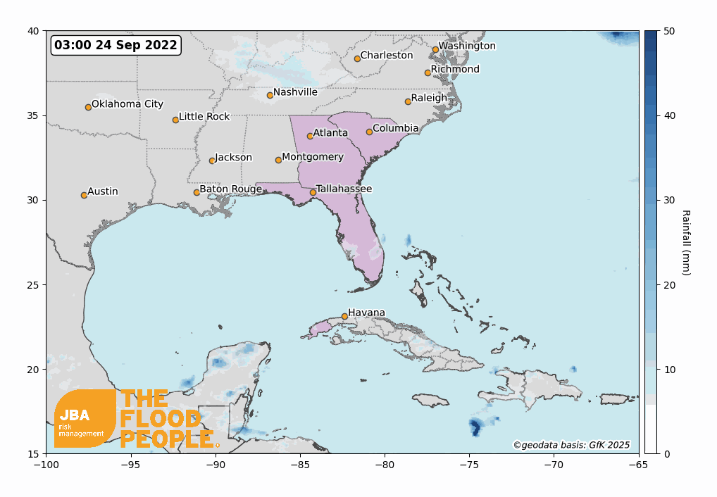 Satellite-observed rainfall animation showing Hurricane Ian’s path between 24 September 2022 and 1 October 2022.