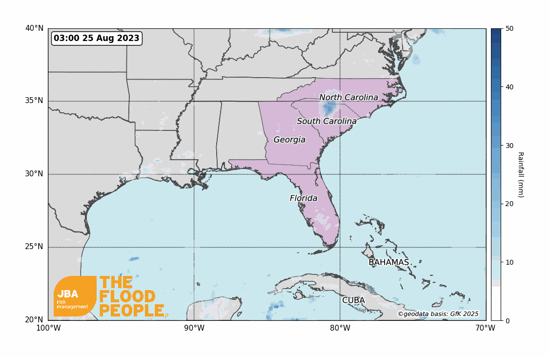 Map animation showing rainfall and track of Hurricane Idalia across the southeastern US from 25 Aug to 2 Sep 2023.