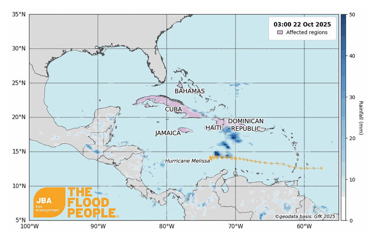 Map showing Hurricane Melissa’s track and rainfall across the Caribbean from 22 to 30 October 2025.