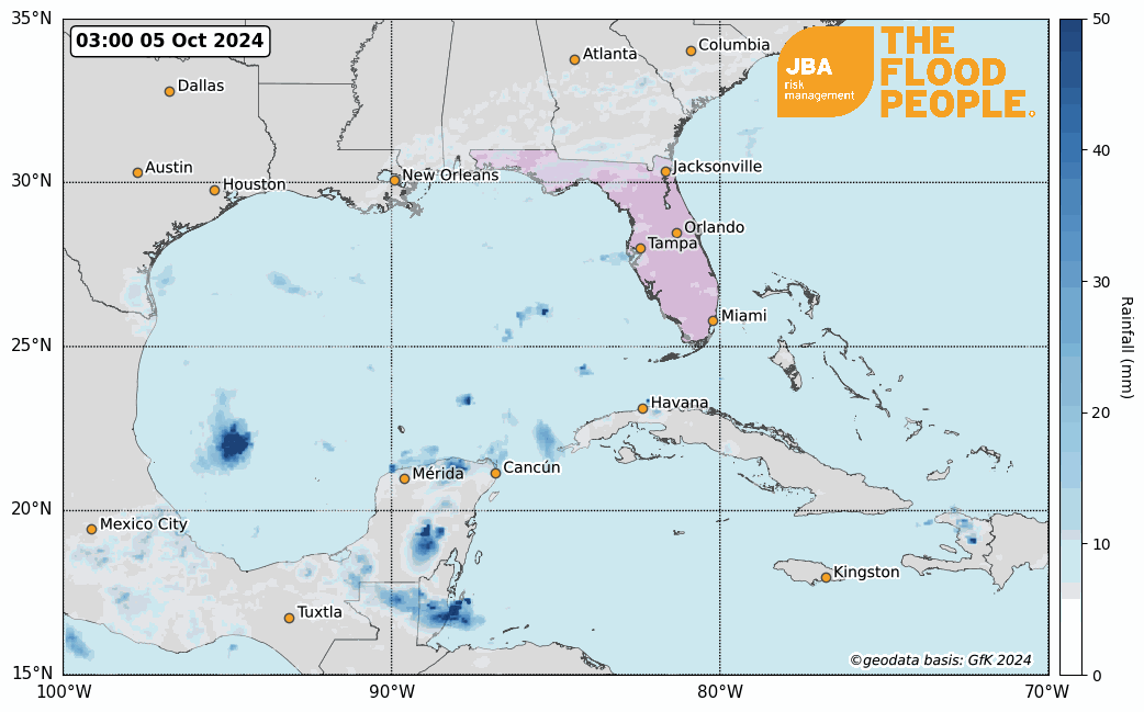 Satellite-observed rainfall for Gulf of Mexico between October 5 and October 10, 2024.