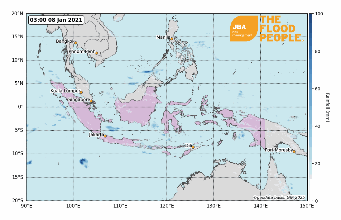 Rainfall distribution map across Indonesia from 10 to 15 January 2021.
