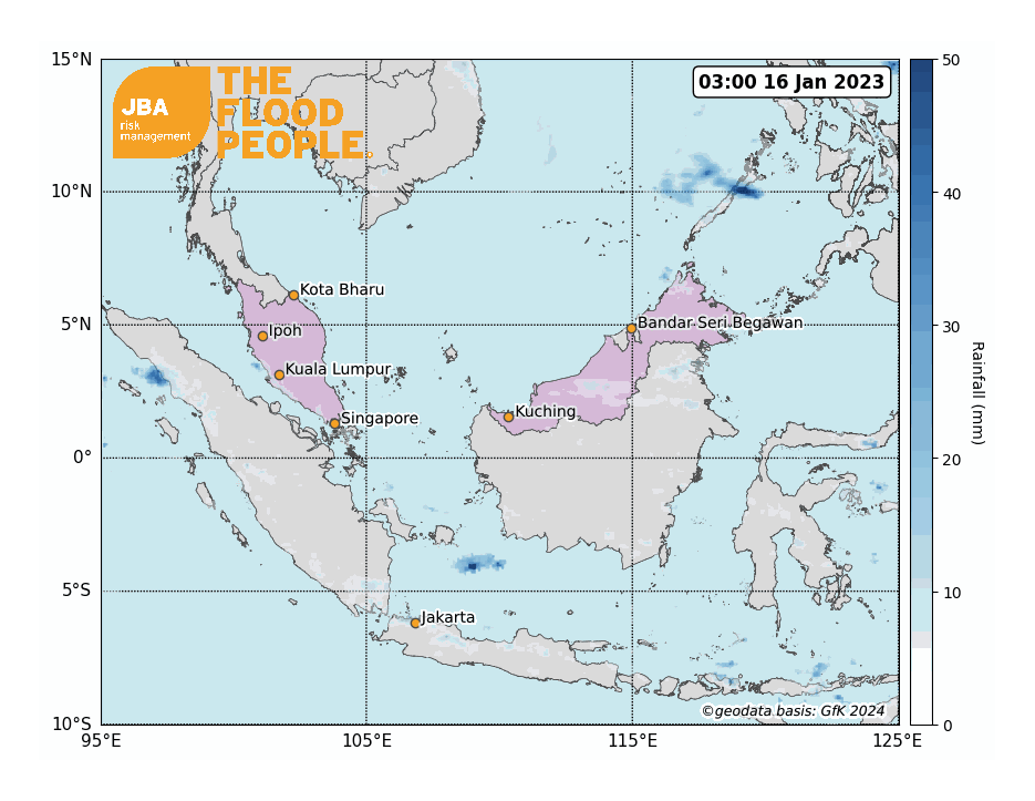 A Malaysia map of affected areas with rainfall animation.