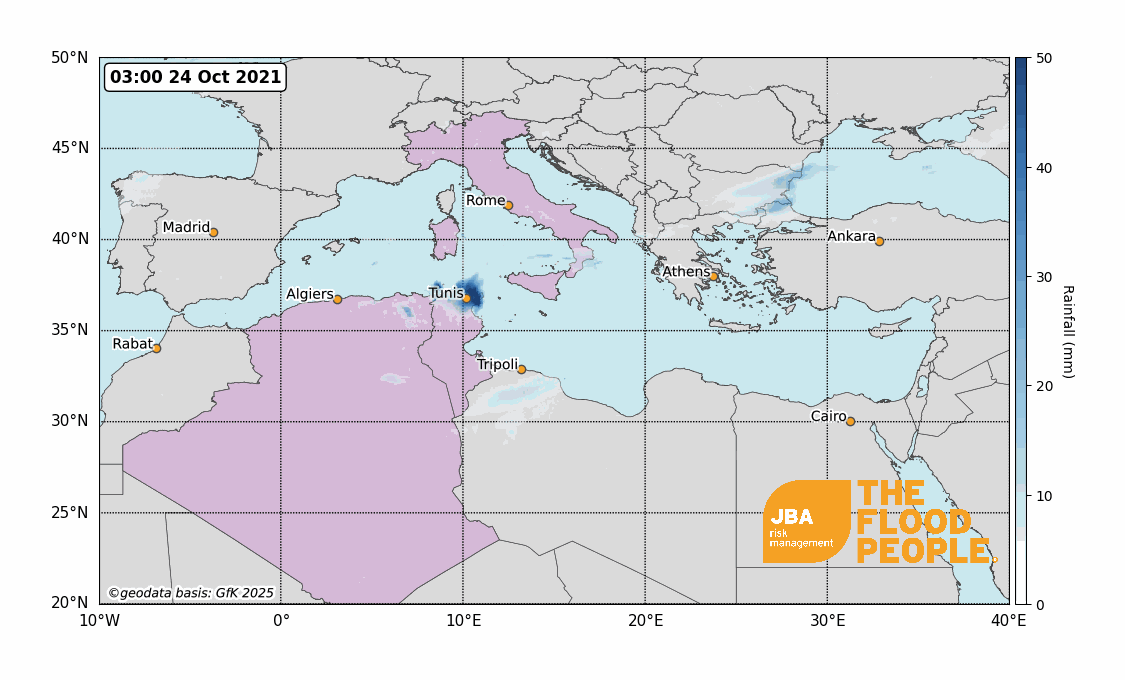 Rainfall map over the Mediterranean from 24 Oct to 2 Nov 2021 showing estimated track of Medicane Apollo.
