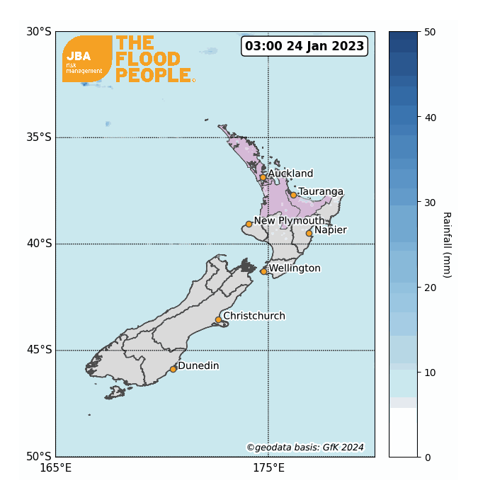 A map of affected areas in New Zealand with high and low rainfall indications