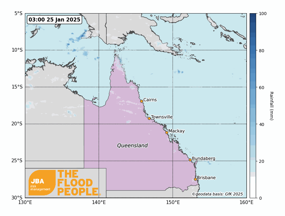 Queensland map highlighting the rainfall-affected areas.