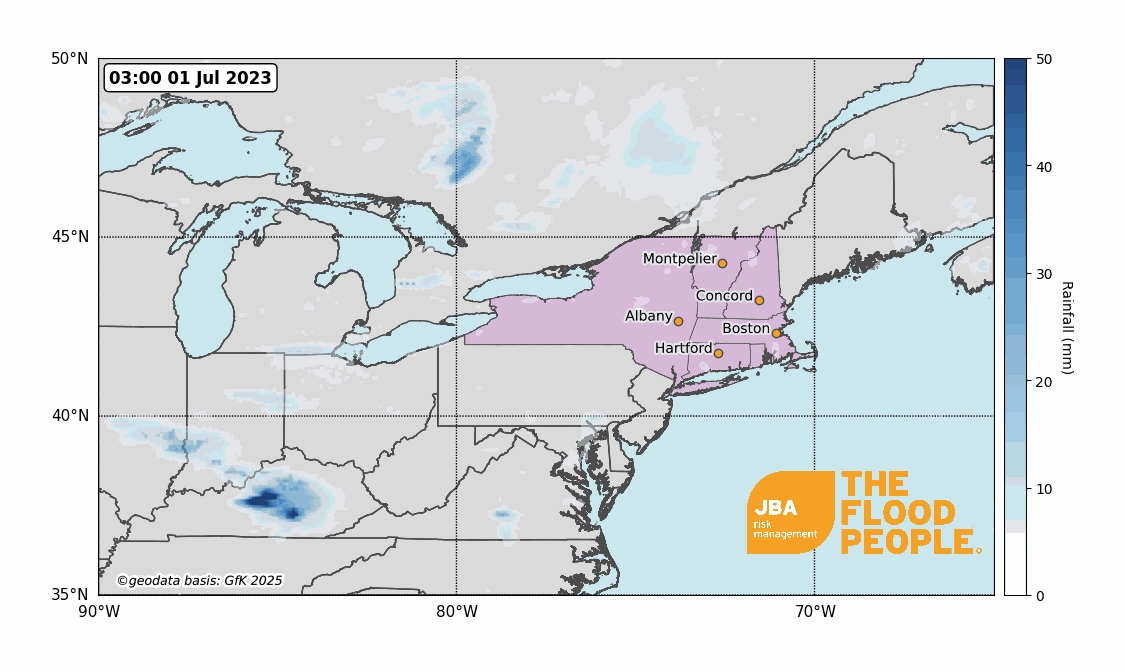 Animated map of 24-hour rainfall across the northeastern US from 1–11 July 2023, based on NASA GPM satellite data.