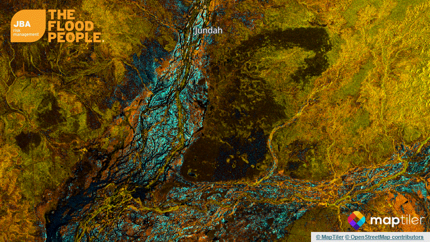 Animated flood extent near Jundah, Queensland, showing water spread over terrain using Sentinel-1 imagery from 3 April 2025.