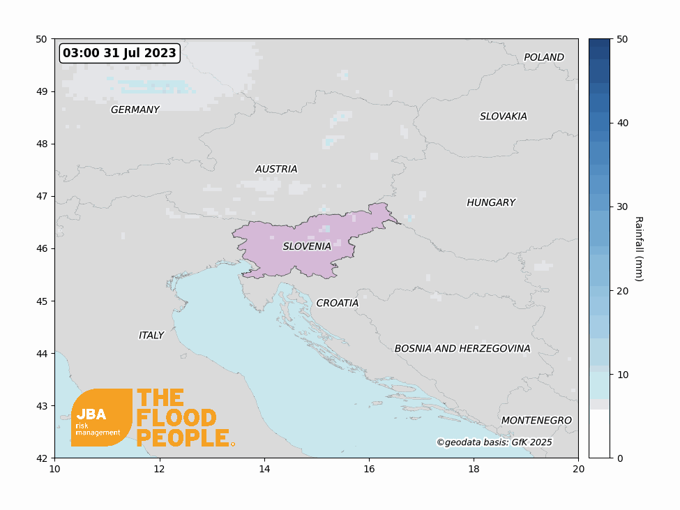 Satellite-observed rainfall animation showing 24-hour rainfall accumulations between 31 Jul 2023 and 09 Aug 2023