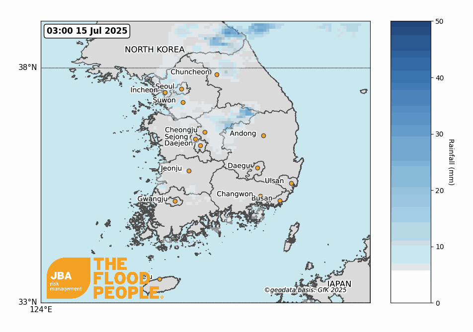 Animated map showing rainfall distribution across South Korea from 15 to 21 July 2025 using NASA GPM data.