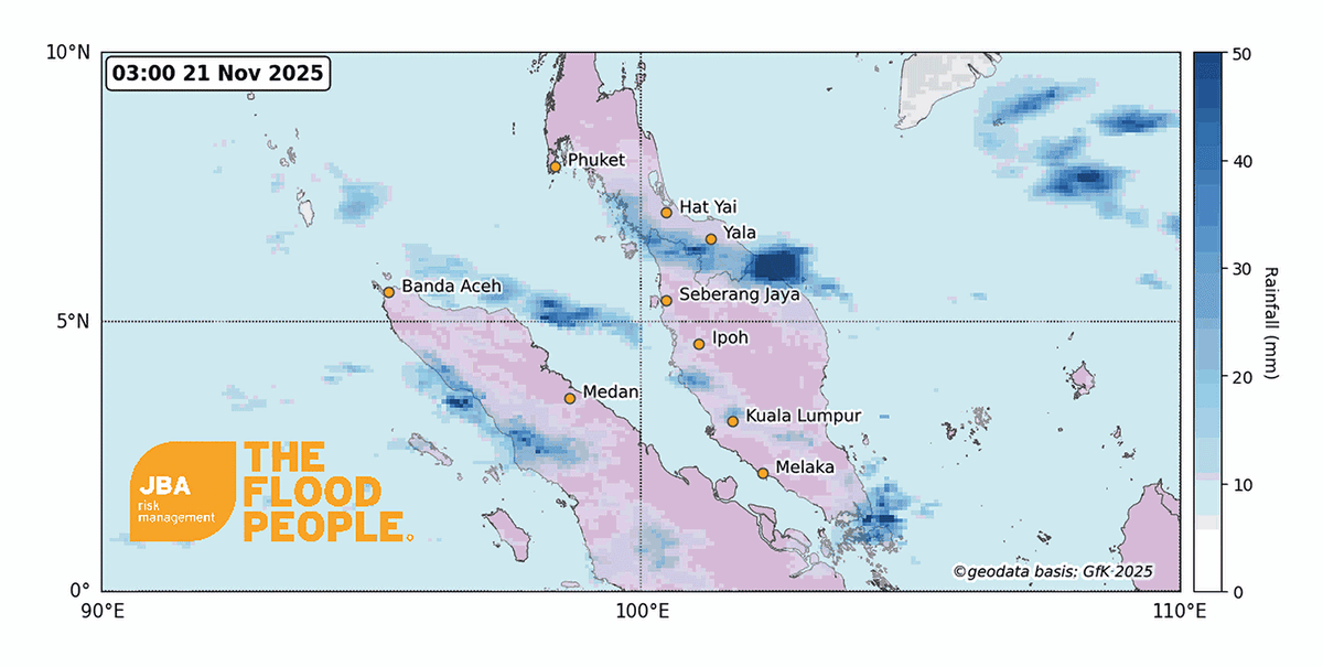Rainfall intensity map depicting rain bands across Indonesia, Malaysia, and Thailand from 21 to 29 November.