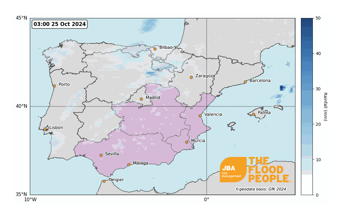 Spain map highlighting the rainfall-affected areas.