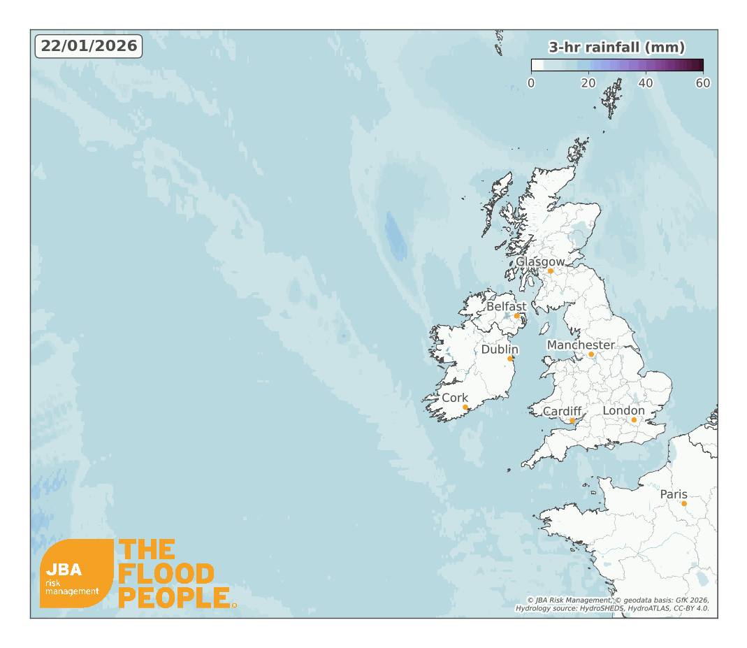 Animated map showing rainfall across the UK and Ireland from 22 January to 9 February 2026.