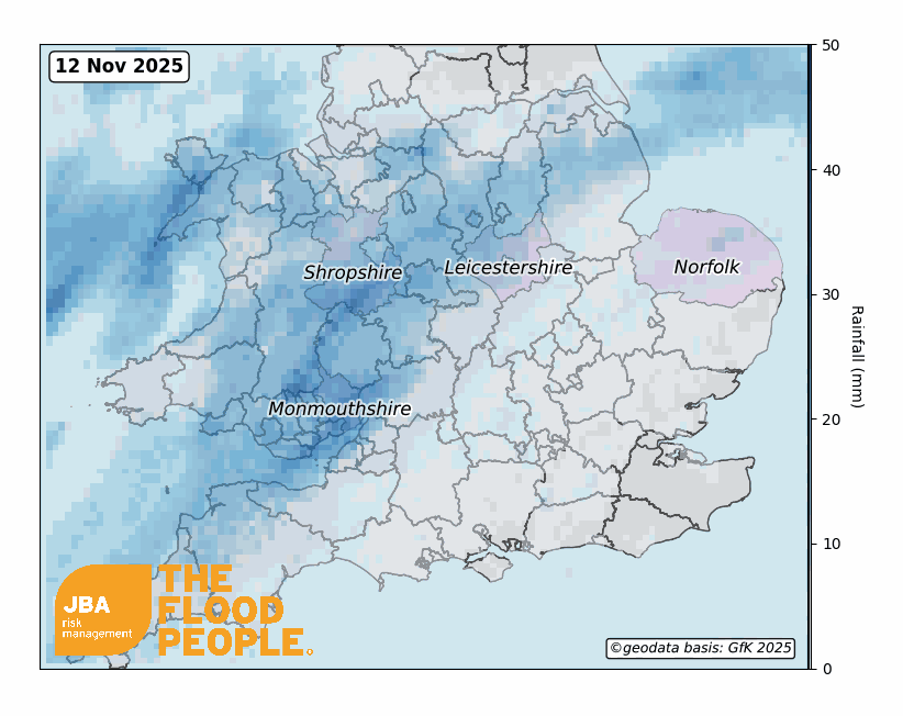 Map showing mid-November rainfall distribution across England and Wales, with notable totals in Monmouthshire and Shropshire.