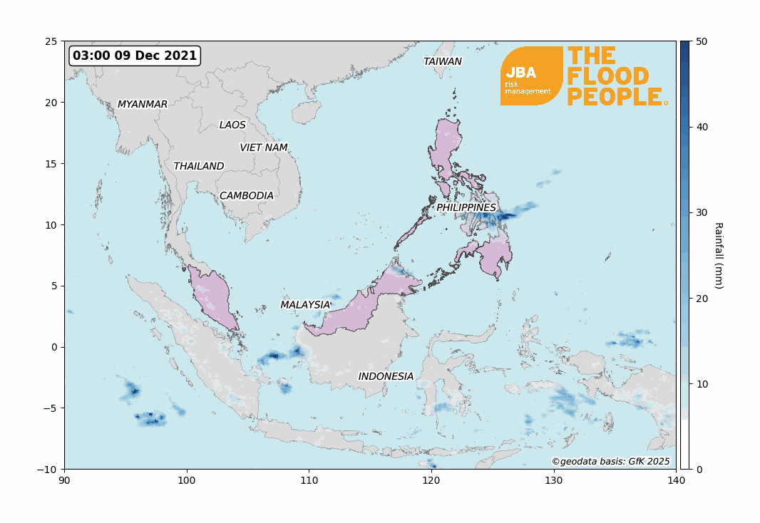 A map of rainfall-affected areas in the South China Sea and West Pacific Ocean covering Malaysia and the Philippines