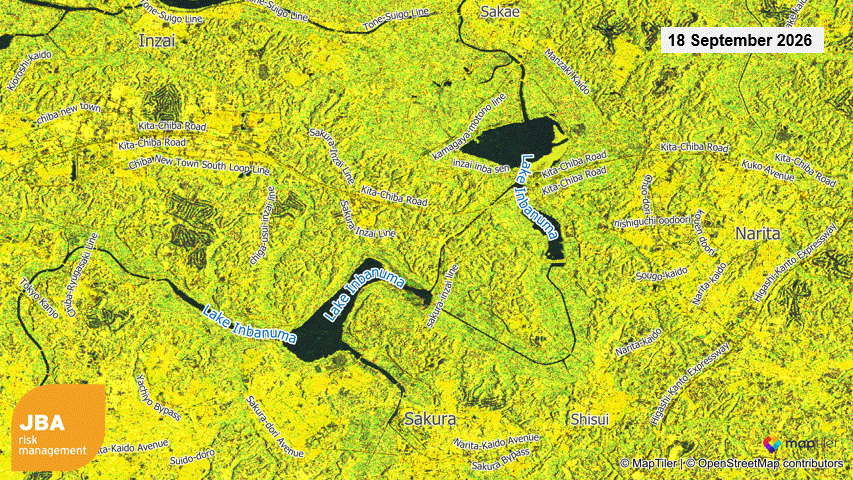 Satellite imagery showing changes in water extent around Lake Inbanuma, Japan, between 18 and 24 September 2026.