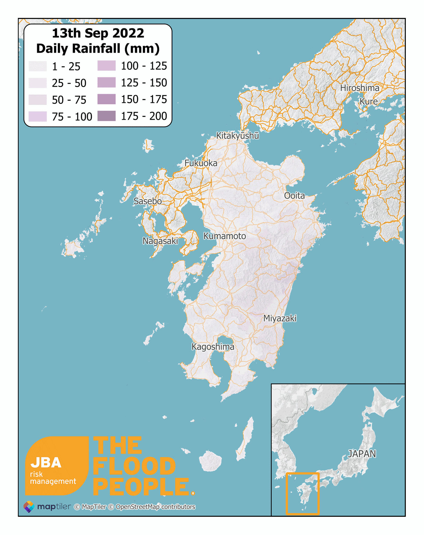 Mean daily rainfall accumulation (in mm) over municipalities of Kyushu Island between 17 and 19 September 2022