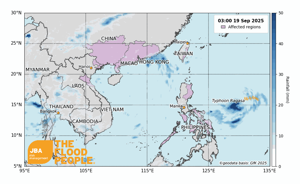 Map of Southeast Asia showing Typhoon Ragasa east of the Philippines with rainfall bands and affected regions marked.