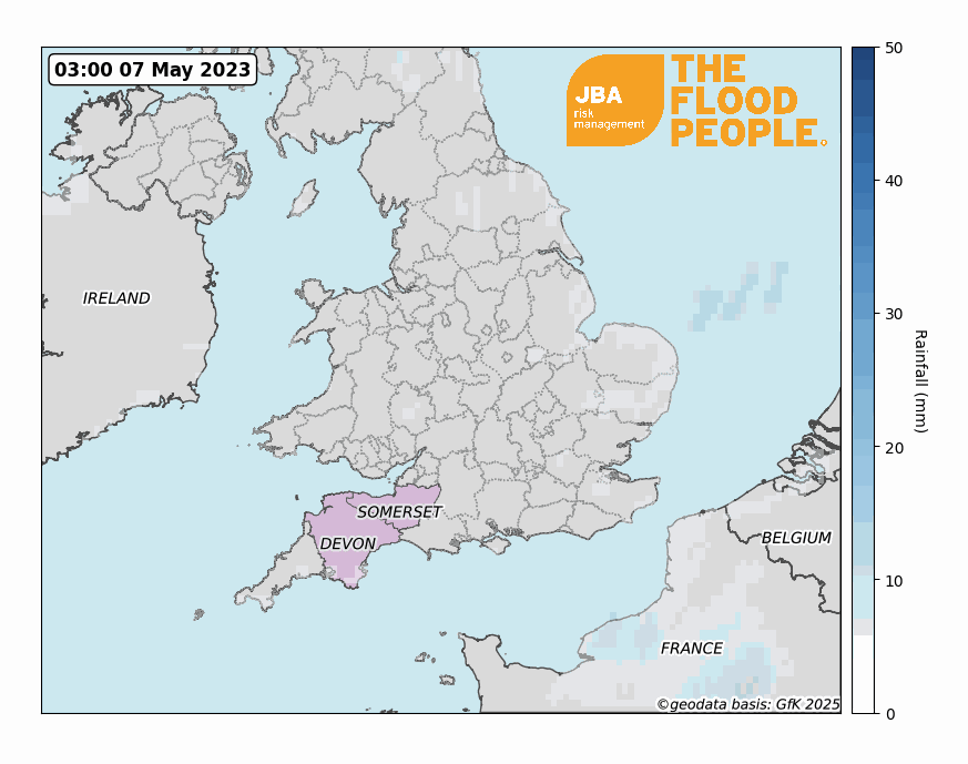 Satellite-observed rainfall animation showing 24-hour rainfall accumulations between 7 May 2023 and 11 May 2023.
