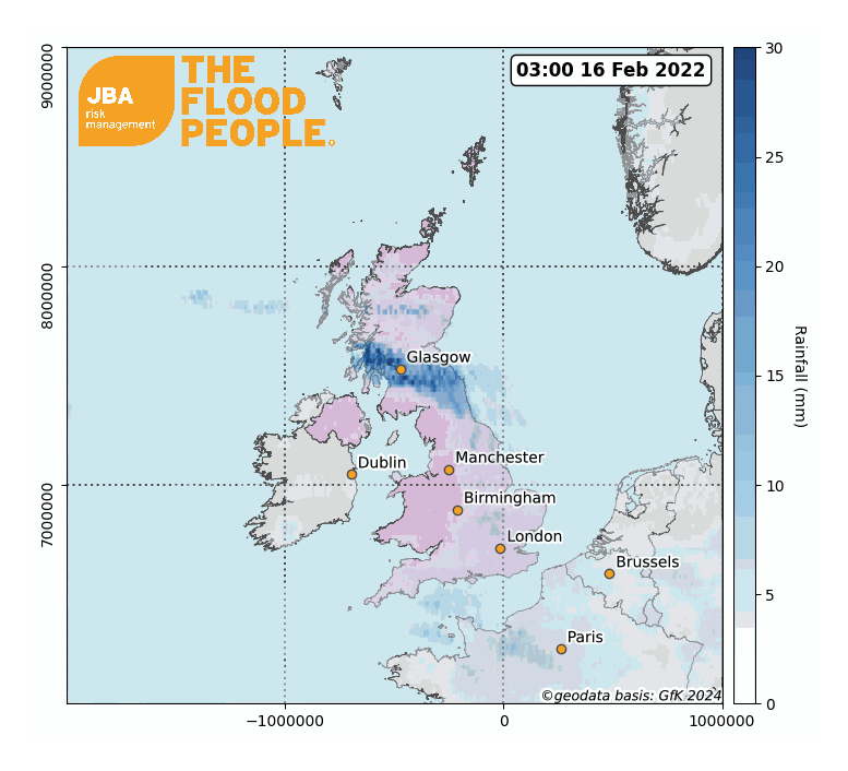 A map of rainfall animation over the UK and Ireland