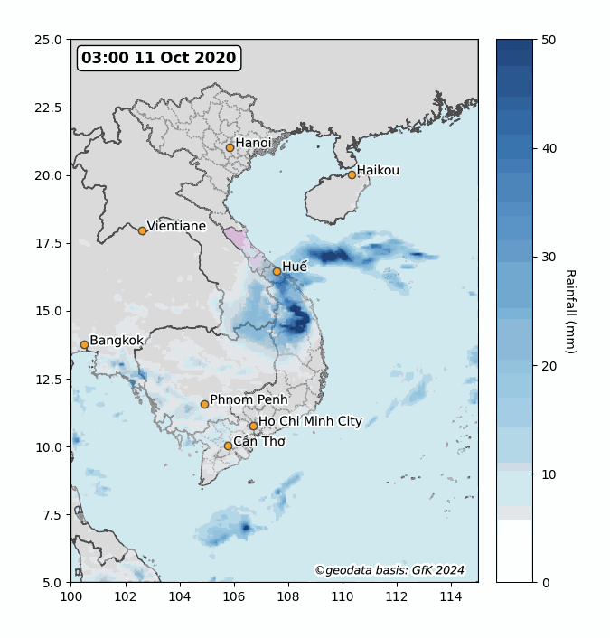 Rainfall accumulation in Vietnam from 11 October – 12 November 2020.